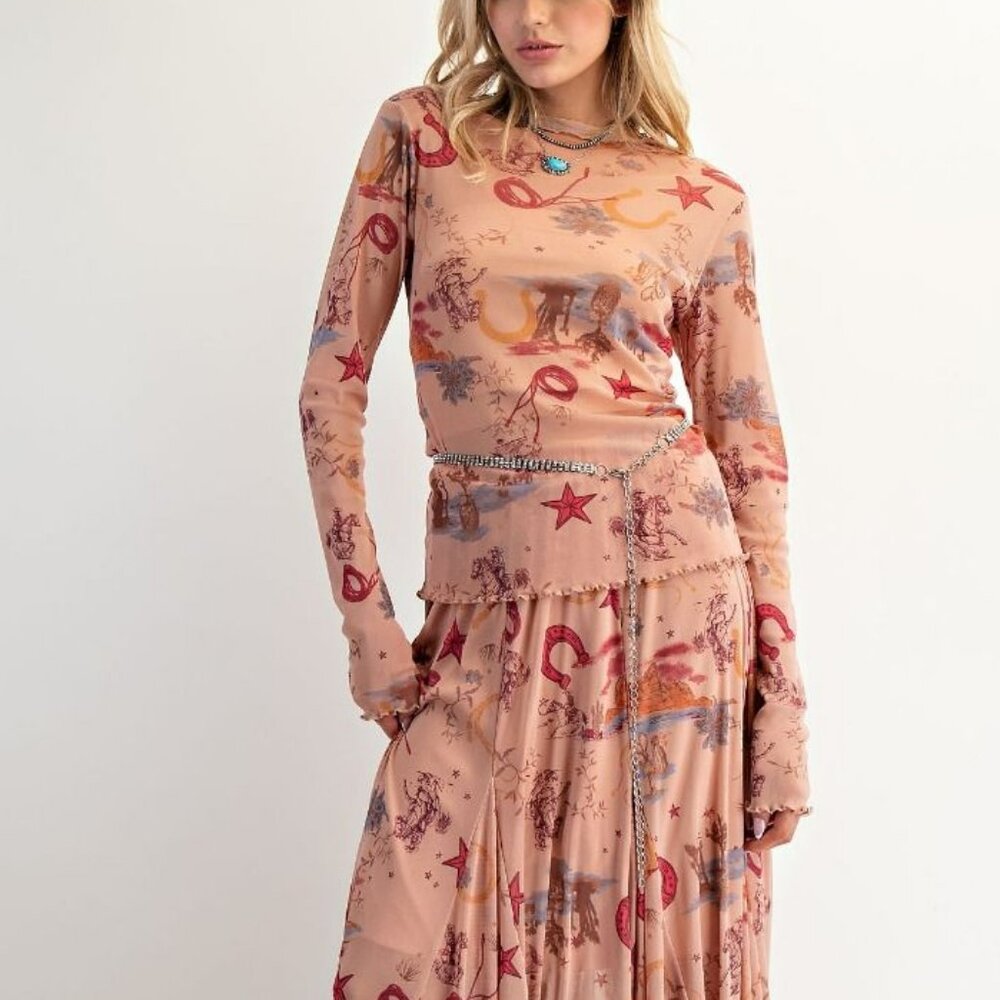 NWT Easel Western Printed Mesh Fitted Top – Long Sleeve Cowboy Print in Camel
